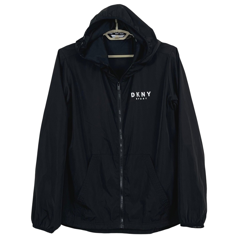 DKNY Sport Womens Windbreaker Jacket XL Black Hooded Full Zip Athleisure